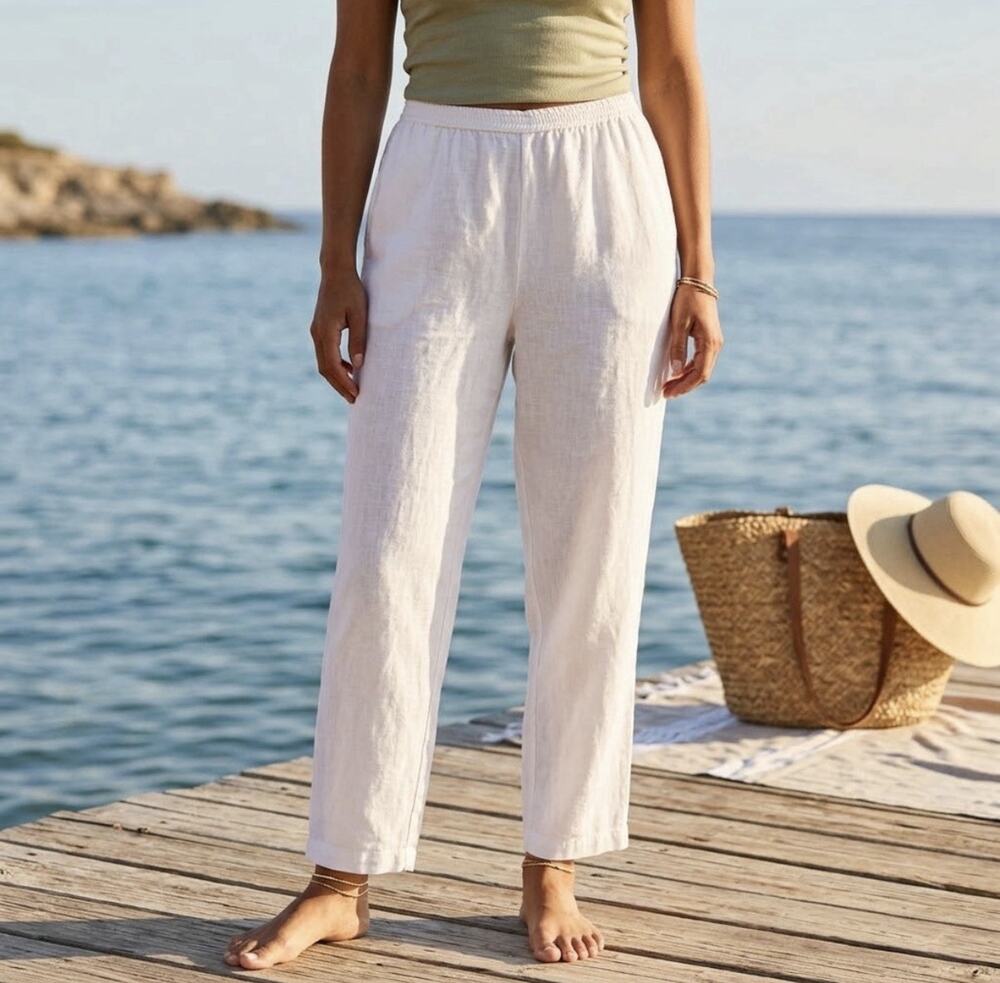 Vintage David Dart Collection White 100% Linen Elastic Waist Pull On Pants Large